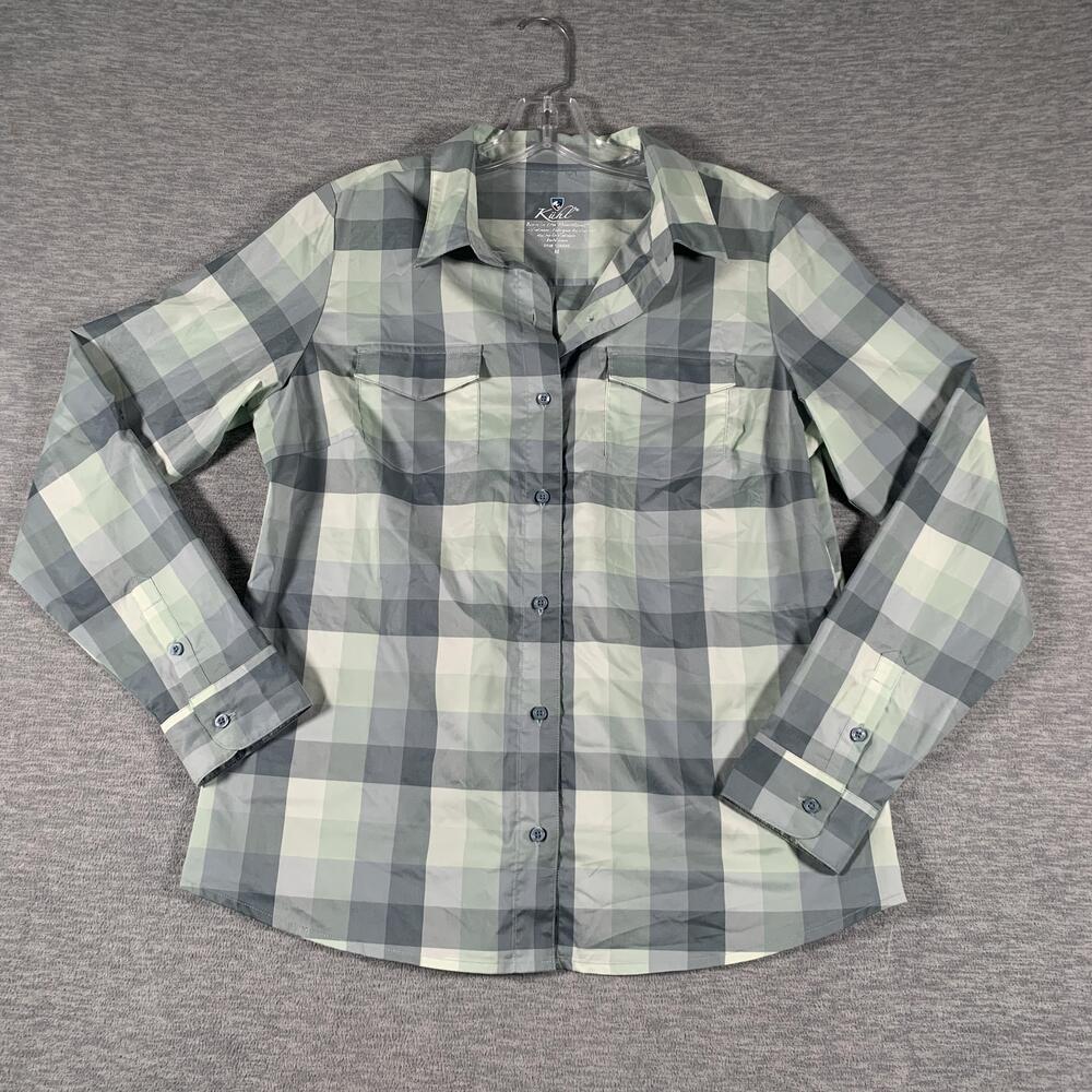 Kuhl Shirt Womens Medium Green Gray Plaid Button Up Long Sleeve Top Casual